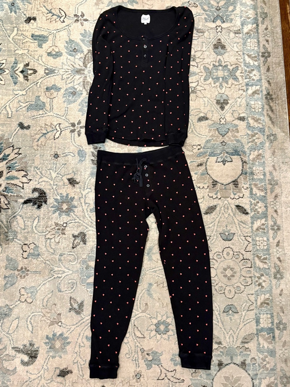 Black Two-Piece Heart Print Pajama Set